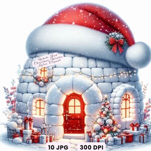 Op de afbeelding: Een digitale illustratie van een met sneeuw bedekte iglo met een kerstmuts erop. De iglo heeft een rode deur, ramen en een kerstboom. Cadeaus staan aan de voet van de iglo. De tekst "White Red Christmas Winter Igloo Clipart" is zichtbaar.
