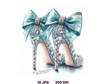 High Heels Clipart, Turquoise Crystal High Heels Clipart, Luxury Designer Shoes with Bow, Sparkling Crystals, Watercolor Fashion Shoes JPGs