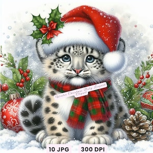 Christmas Animals Clip Art, 10 High Res Watercolor JPG Winter Animals Winter Christmas Baby Leopard Clipart Cute Holiday Animals Holiday Art