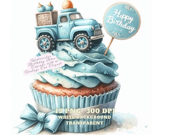 Birthday Cupcake Clipart, 15 Watercolor Birthday Blue Cupcake with Vintage Car Clipart , Celebration Journaling Scrapbooking For Commercial