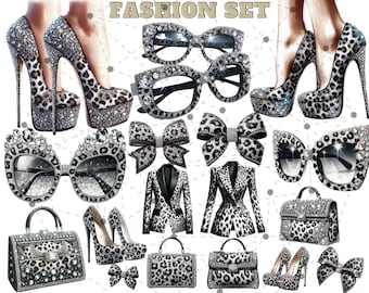 Fashion Clipart, Leopard Print Fashion Illustration Elegant Black & White Leopard Fashion Set Bundle Clipart Trendy Fashion Digital Download