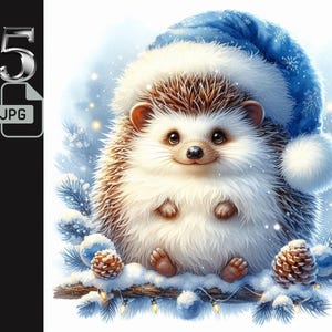 Hérisson en clipart bonnet de Noel bleu, art animalier d'hiver, illustration de hérisson de Noël, décoration des fêtes, journal indésirable, usage commercial, 5 JPG