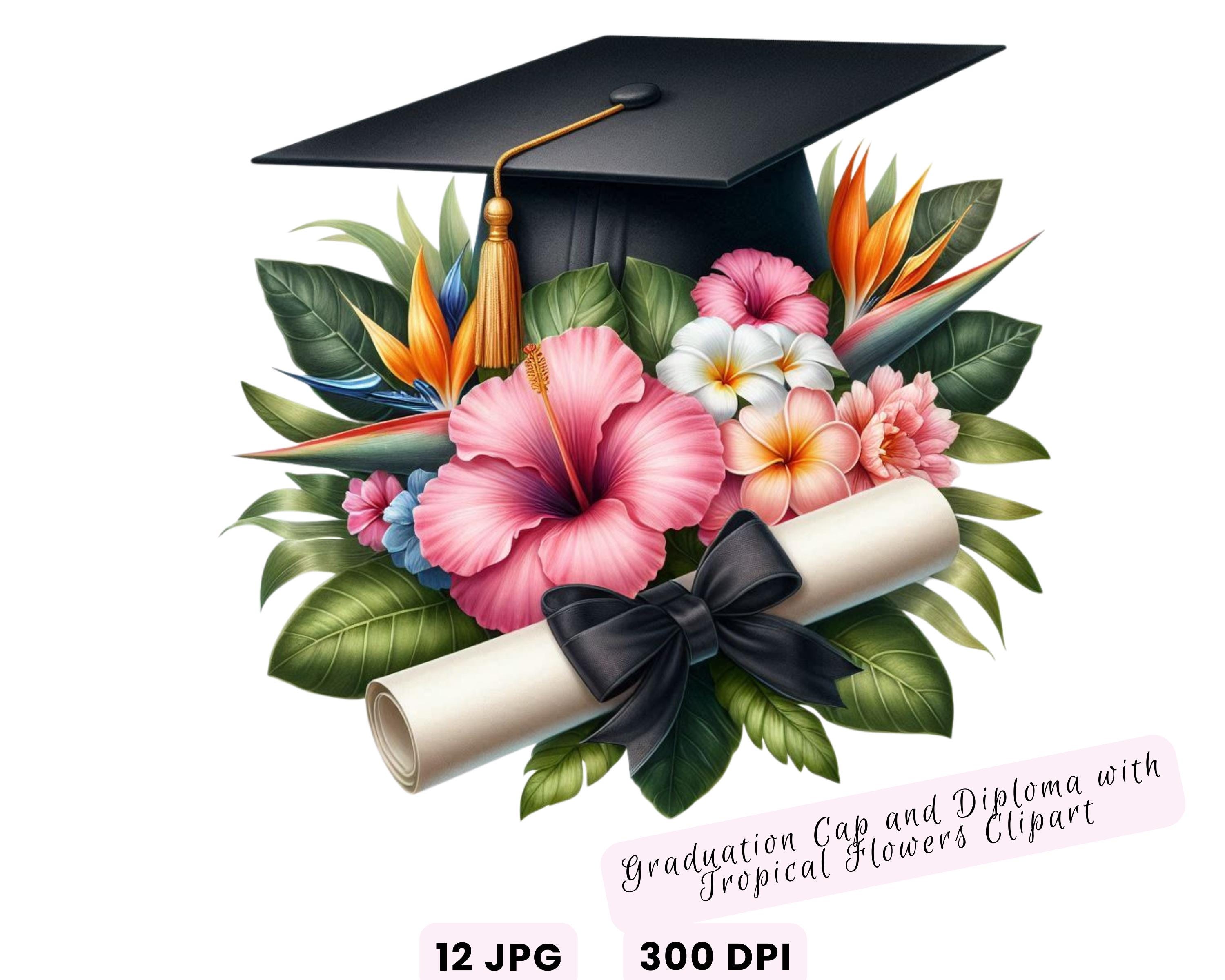 Watercolor Diploma and Cap With Flower Clipart, Graduation Clipart ...