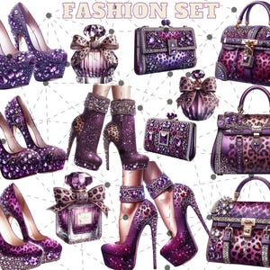 Peut inclure: Ensemble d'accessoires de mode, comprenant des chaussures à talons hauts, des sacs à main et des flacons de parfum. Les articles sont principalement violets avec des accents de bijoux et d'imprimé léopard. Le texte "FASHION SET" est en haut.