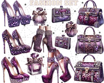 Fashion Set Bundle Clipart, Purple Leopard Fashion Set Clipart, Fashion Clipart, Fashion Illustration, Bag Clipart, Shoe Clipart for Crafts