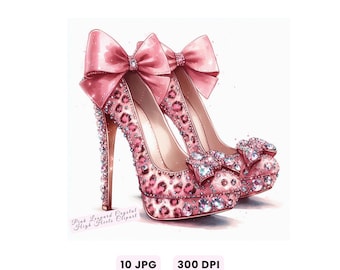 High Heels Clipart, Pink Leopard Crystal High Heels Clip Art, Crystal Luxury Shoes JPGs, Watercolor Fashion Accessories Illustration, Crafts