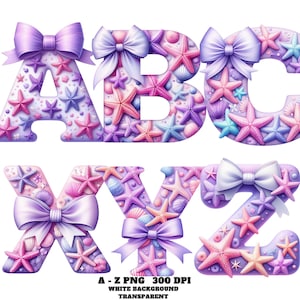 Purple Starfish Alphabet Clipart, Watercolor Ocean-Themed Alphabet Clipart, Marine Nautical Digital Letter PNG Summer Beach Alphabet Clipart