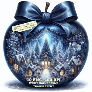 Aquarela Azul Meia-Noite Maçã de Natal País das Maravilhas, Clipart de Férias Festivas, Maçã de Inverno PNG Diário de Lixo Digital Scrapbooking Sublimação