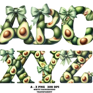 Avocado Alphabet Clipart, Green Avocado Letters, Fruity Alphabet Clipart PNG, Watercolor Fruit Letters with Bow, Fruit Doodle Letter Clipart