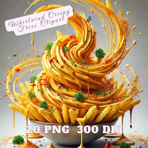 Ensemble de cliparts frites, tourbillon de frites croustillantes, clipart frites aquarelle, usage Commercial, clipart Fast-Food, fromage frites PNG