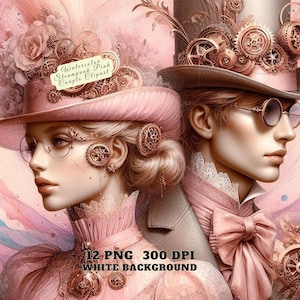 Clipart de pareja rosa steampunk en acuarela: PNG romántico vintage, PNG de San Valentín, diario basura, descarga digital, uso comercial