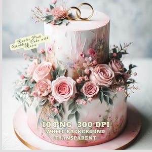 May include: A two-tiered wedding cake decorated with pink roses and greenery. The cake is white with a rustic pink watercolor effect. The top tier has two gold rings on top. The cake is on a white cake stand. The text "Rustic Pink Wedding Cake with Roses" is on the image. The text "10 PNG 300 DPI WHITE BACKGROUND TRANSPARENT" is also on the image.