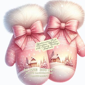 Luvas de Natal rosa aquarela com impressões de vilas nevadas, clipart de luvas de inverno aconchegantes, arte digital de férias para cartões, artesanato, sublimação