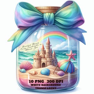 Puede incluir: Un tarro de cristal con un arcoíris y un castillo de arena en su interior. El tarro está atado con un gran lazo de colores. El texto "Rainbow Beach Scene Sandcastle in Mason Jar" está impreso en el tarro.