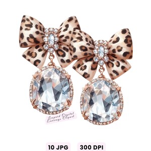 May include: A pair of elegant earrings featuring a leopard print bow and a large, clear crystal pendant. The earrings have a gold-colored setting and are designed with a glamorous aesthetic. The text "Leopard Crystal Earrings Clipart" is visible.