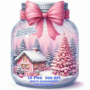 Różowa świąteczna kraina czarów w słoiku Mason Clipart - Akwarela świąteczna zimowa scena, Przezroczysty PNG do scrapbookingu, Tworzenie kartek DIY