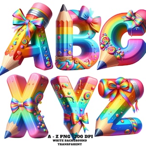 Clipart de alfabeto, Clip Art de alfabeto a lápis, Letras de lápis de cor PNG, Fonte de lápis de arco-íris de A a Z, Fonte doce, Download de letras digitais