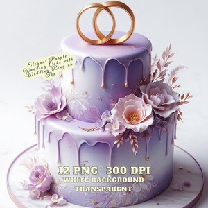 12 Elegante Lila Hochzeitstorte Clipart mit Ring an der Spitze, Hochzeitstorte PNG, Junk Journal, Digitales Design PNG, Einladung, für kommerzielle Nutzung