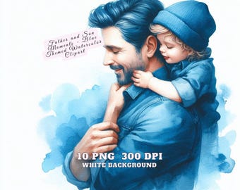 Happy Father's Day Clipart, Father and Son Moments - Blue Themed Watercolor Clipart, Fathers Day PNG, Dad & Son Graphics, For Commercial Use