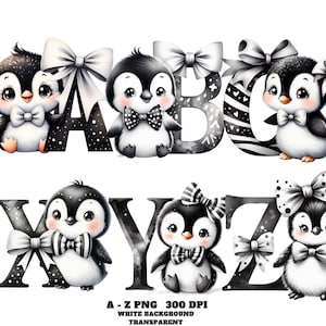 Black & White Penguin Alphabet Clipart A–Z, Cute Animal Letters PNG, Cute Watercolor Animal Font for Kids, Sublimation, Scrapbooking, Decor