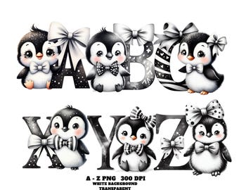 Animal Alphabet Letters, Penguin Alphabet Clipart A–Z, Cute Animal Letters PNG, Cute Watercolor Animal Font for Kids, Crafts, Junk Journal