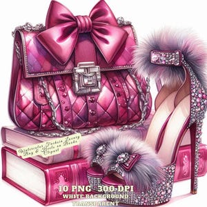 Sac de luxe aquarelle fuchsia et talons sur des cliparts de livres, PNG esthétique de mode, téléchargement numérique pour les journaux indésirables, sublimation, travaux manuels