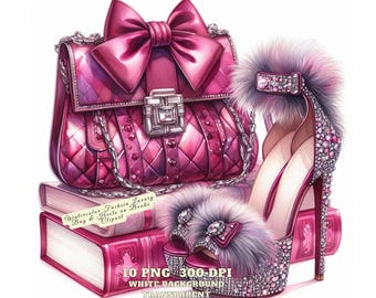 Watercolor Fuchsia Luxury Bag & Heels on Books Clipart, Fashion Aesthetic PNG, Digital Download for Junk Journals, Sublimation, DIY Crafts