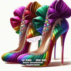 Rainbow Crystal Prom Heels Clipart, Sparkly High Heel PNG, Fashion Shoe Illustration, Glitter Shoe Clip Art, Digital Download Commercial Use