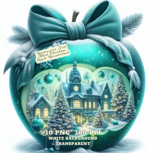 Clipart de maçã de Natal com hortelã azul-petróleo, aquarela de maçã de férias PNG, arte festiva do país das maravilhas do inverno, decoração aconchegante de Natal, gráficos de diário de lixo
