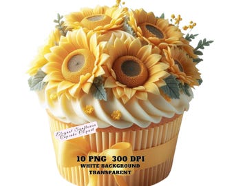 Elegant Sunflower Cupcake Clipart – Sunflower Cupcake PNG, Cupcake PNG, Bakery Art, Party Decor Digital Download Scrapbooking Commercial Use