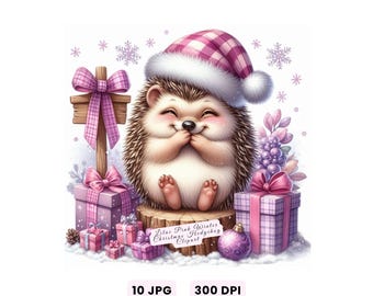 Clipart di riccio natalizio, clipart di riccio invernale rosa lilla natalizio, simpatico riccio cucciolo ad acquerello con cappello di Babbo Natale, decorazione JPG di alta qualità