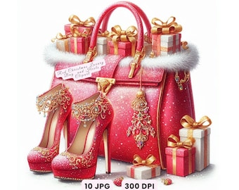 Red Christmas Bag & Heels Clipart, Watercolor Holiday Fashion Graphics, Christmas Fashion Set JPG Digital Download Crafts Decor Junk Journal