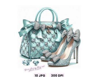 Mode luxe tas en hoge hakken clipart, mode set illustratie JPG, aquarel portemonnee en schoenen kunst, digitale download voor Crafts Journal
