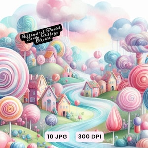 Whimsical Pastel Candy Village Clipart, Sweet Fantasy Town JPG, Digital Download for Scrapbooking, Card Making Nursery Wall Art Crafts Decor