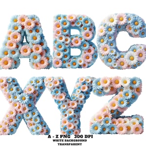 Blumen Alphabet Clipart, Gänseblümchen Blumenalphabet PNG, Blaues und rosa Gänseblümchen Alphabet Clipart A - Z, Pastellblumenschrift, entzückendes Hochzeitsmonogramm