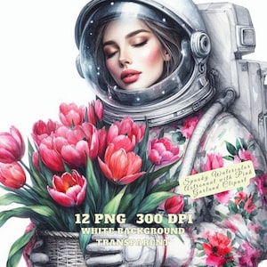 May include: Watercolor illustration of an astronaut in a spacesuit holding a basket of pink tulips. The astronaut's suit is white with a floral pattern. The image includes text that reads "Spooky Watercolor Astronaut with Pink Garland Clipart".