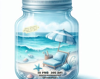 Summer Clipart, Blue Summer Beach Scene in Mason Jar Clipart Bundle, Ocean-Themed Digital Art, Beach Party Decor, Junk Journal, Scrapbooking