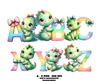 May include: A watercolor illustration of the alphabet, A through Z, each letter in rainbow colors. Adorable green dinosaurs with bows are holding each letter. The text at the bottom reads: A - Z PNG 300 DPI WHITE BACKGROUND TRANSPARENT.
