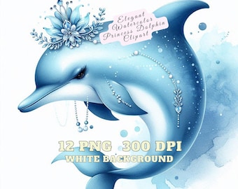 Dolphin Clipart, Elegant Watercolor Princess Dolphin Clipart, 12 Watercolor Dolphin Clipart, Aquatic Animal Dolphin Princes High Quality PNG