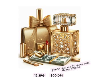 Clipart di profumi di lusso, Clipart di ragazze eleganti e glamour, Clipart di profumi di lusso dorati con soldi, Clipart di borse per soldi, Clipart di accessori di moda