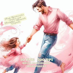 Clipart de Dia dos Pais, Clipart de Momentos de Pai e Filha em Aquarela Rosa, Pacote de 10 Cliparts Felizes de Dia dos Pais, Gráficos PNG de Dia dos Pais