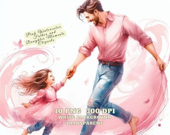 Father's Day Clipart, Pink Watercolor Father and Daughter Moments Clipart, 10 Happy Father's day Clipart Bundle, Father's day PNG Graphics