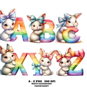Bunny Rainbow Alphabet Clipart A-Z, Watercolor Bunny Letters PNG, Cute Animal ABC for Nursery Wall Art Classroom Decor Baby Shower Alphabet