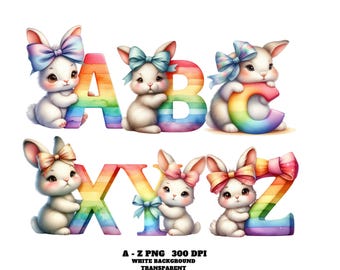 Cute Alphabet Clipart, Bunny Rainbow Alphabet Clipart A-Z, Alphabet Letters PNG, Cute Animal ABC for Baby Nursery Wall Art, Classroom Decor