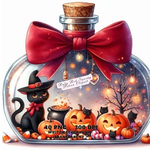 May include: A glass bottle with a red bow and a black cat wearing a witch's hat. Inside the bottle are glowing lights, candy corn, and pumpkins. The text "Ruby Red Spooky Potion Cliparts" is on a tag attached to the bottle.