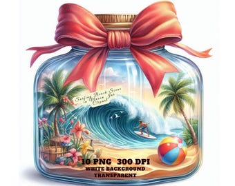 Summer Clipart, Summer in Mason Jar Clipart, Surfing Beach Scene Clipart, Summer Scene Mason Jar PNG Digital Download, Commercial Use Crafts