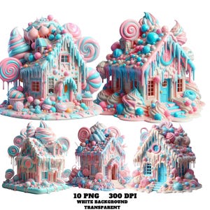 10 pastelowych cukierkowych domków Clipart PNG, rozpływający się deserowy domek z posypką, kapryśny cukierkowy domek, akwarelowe dekoracje dziecięce, wydruki na imprezę