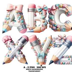 Alphabet Clipart, School Font, School Bag White Pencil Letters, Back to School Alphabet A-Z PNG, Kids Educational Clipart, Cute Font Letters
