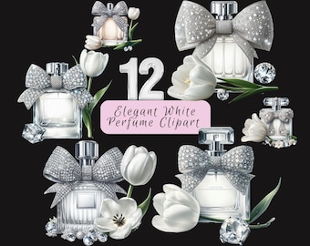 Elegant White Perfume Clipart, Luxury Perfume Bottle Clip Art, High-Fashion Watercolor Aesthetic Parfum JPG, Glam Chic Fashion Accessories