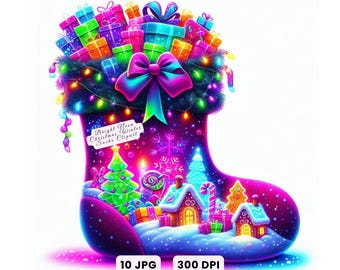 Imágenes prediseñadas de calcetines navideños, imágenes prediseñadas de gráficos navideños, imágenes prediseñadas de calcetines navideños de neón, diseño navideño de acuarela, descarga digital para uso comercial